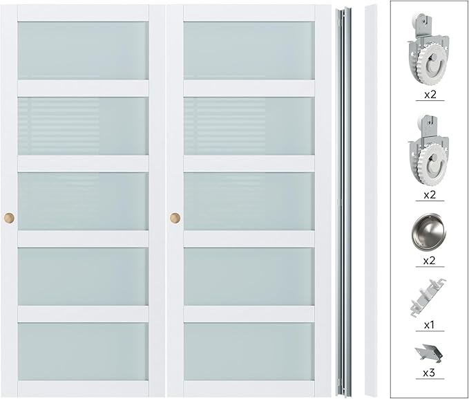 Finosen Bypass Sliding Closet Door Slab, 72 x 80 in (Double 37 inch), 5-Lite Frosted Glass, White Barn Door with Hardware Kit Included,Need to Assemble, MDF with PVC Surface