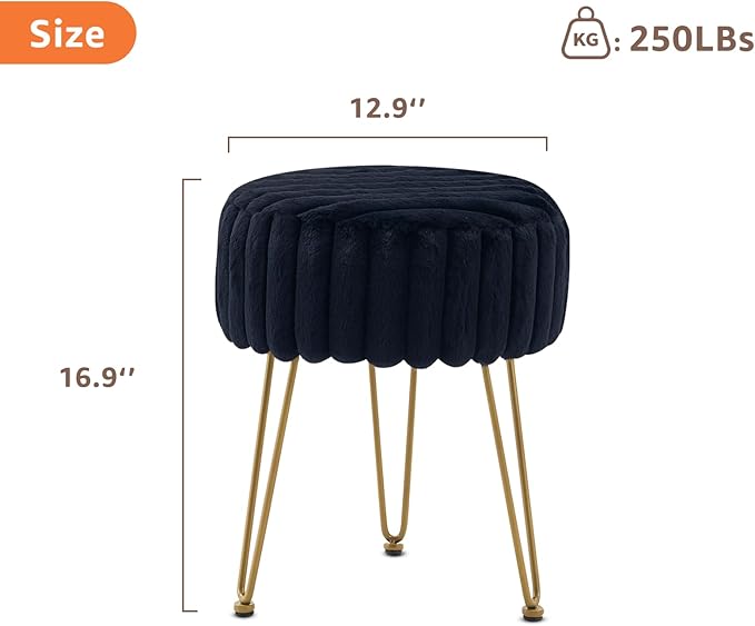 Vanity Stool,Faux Fur Ottoman Foot Stool, Dressing Table Seat with Metal Leg Vanity Chair for Bedroom, Living Room, Entryway, Offices
