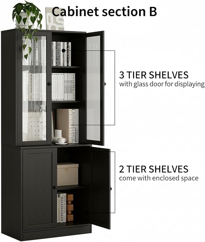 TUSY 71" H Bookshelf with Storage, 6-Tier Modern Bookshelves with 3 Large Drawer, Display Bookcase with Glass Doors, Modern 5-Tier Curio Cabinet for Home Office, Dining Room (Black, ABBA)
