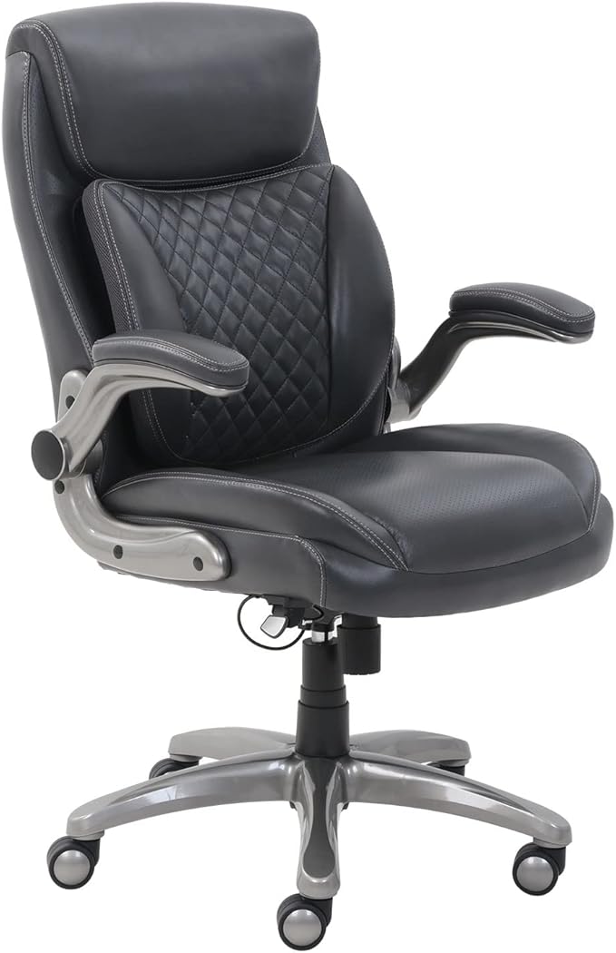 Amazon Basics Ergonomic Executive Office Desk Chair with Lumbar Support, Flip-up Armrests, Adjustable Height, Grey Leather