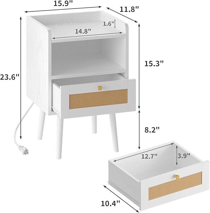 MECHYIN Night Stand Set 2, Nightstands Set of 2 with Charging Station, Rattan Side Tables with Solid Wood Legs, Boho Bedside End Table for Apartment Bedroom Dorm Small Space - White