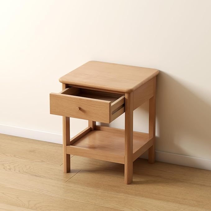 Wood Side Table Set of 2, Small Wooden Bedside Table with Drawer and Open Storage, Wooden Night Stand for Bedroom, Living Room, Natural, 18.5" H