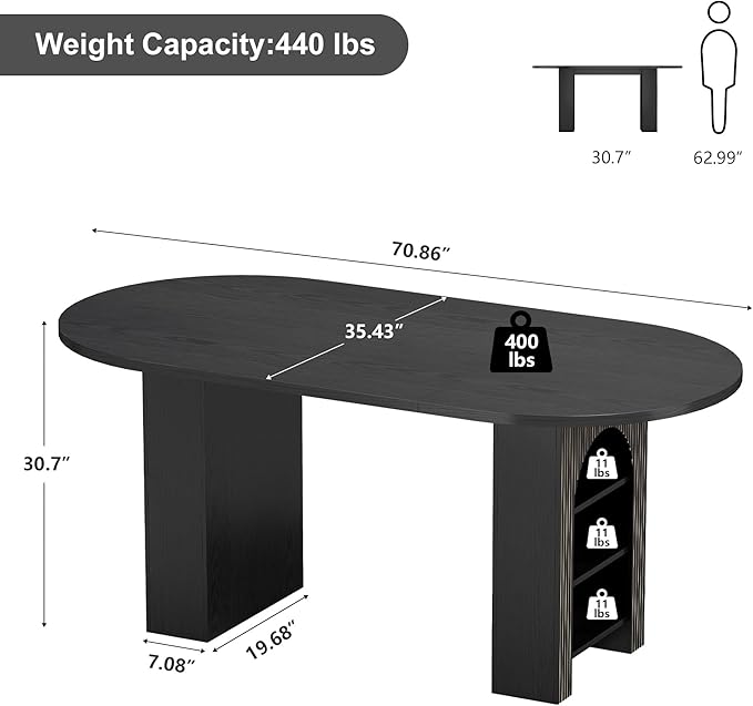 weselon 70.8" Oval Dining Table with Dual Side Storage Shelves, Wooden Table for 4–6 People, Modern Farmhouse Round Dinner Table for Kitchen, Reception, or Living Room (Black, Table Only)