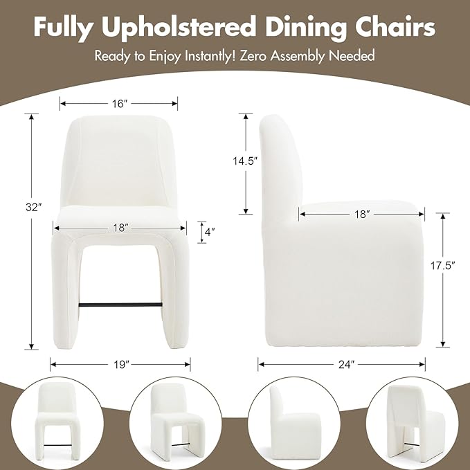 Hyfirm Upholstered Dining Chairs Set of 2, Modern Armless Desk Chair with Metal Footrest for Diningroom Bedroom Livingroom Reading Room,White Fabric