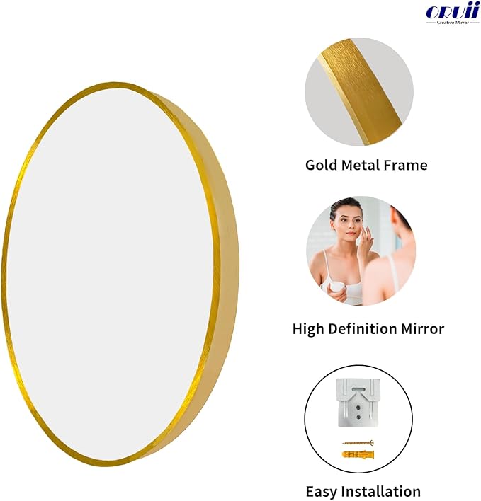 Oruii Gold Circle Mirror, 20 inch Gold Round Mirror, Circular Wall Mirrors Golden Metal Frame, Round Wall Mirrors for Living Room, Bedroom, Bathroom, Hallway, Rustic, Vanity (Brass)