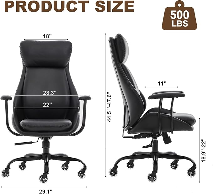 E-Motie Office Chair, Leather Desk Chair with Rubber Wheels, Ergonomic Computer Chair 500 LBS with Lumbar Support, High Back Executive Chair for Modern Home Office, Black