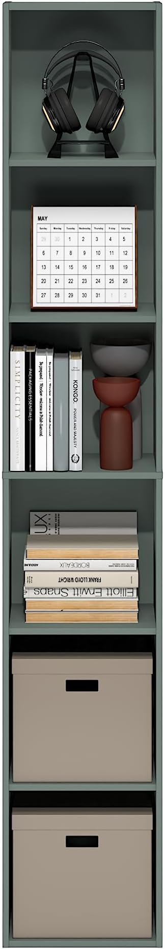 Furinno LUDER Book Shelf, 6-Tier Tall Modern Bookshelf, Bookcase with Open Shelving, Floor Standing Shelves, 9.3 x 12 x 71, for Living Room, Bedroom, Home Office, Sage Green