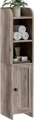 Homhedy Small Bathroom Storage Corner Floor Cabinet with Door and Shelves, Beside The Toilet Paper Stand for Skinny, Narrow Toilet Paper Cabinet, 7.9" D x 7.1" W x 31" H, Greige