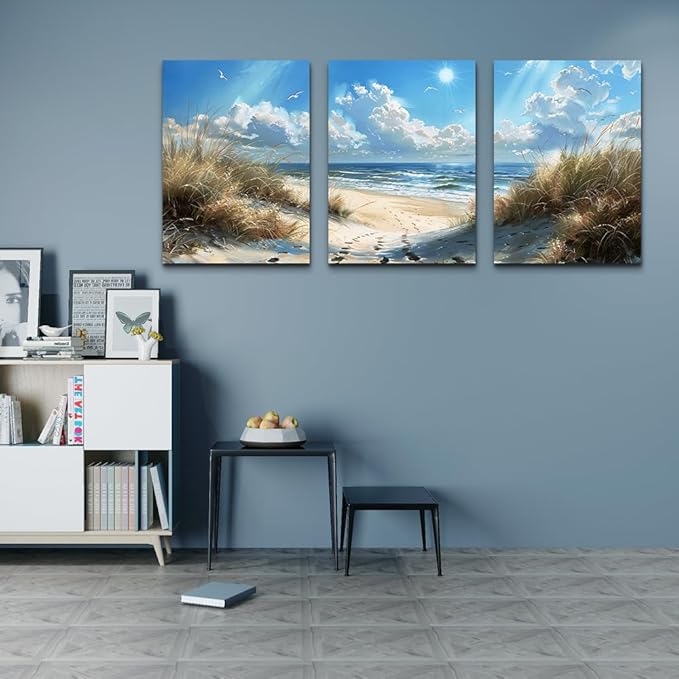 TTHYUEWS Wall Art For Living Room Canvas Wall Decor For Bedroom Bathroom Decorations Blue Ocean Beach Wall Painting Sea Wave Wall Pictures Artwork for office Modern Home Decor Ready To Hang 3 Piece
