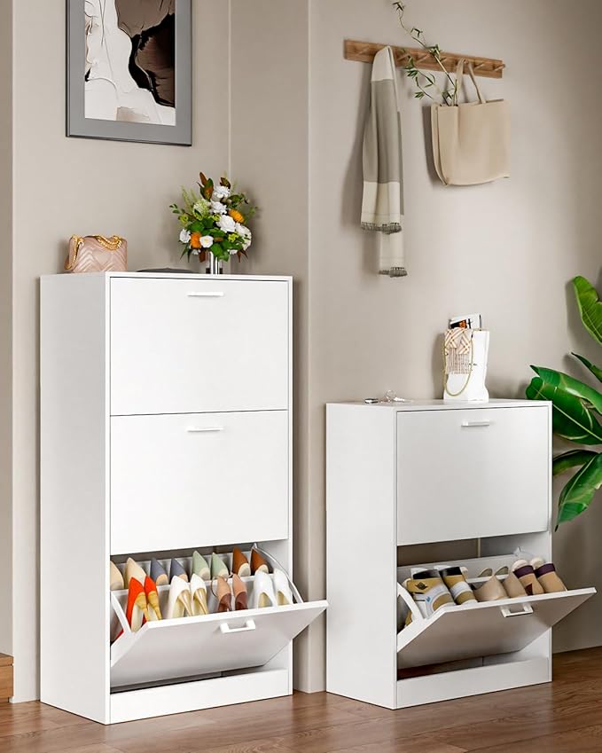 Shoe Cabinet with 2 Flip Drawers, Narrow Freestanding Shoe Organizer for Entryway,Hallway, Living Room, White