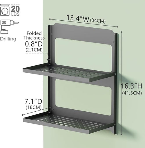 2-Tier Folding Metal Shelf Wall Mounted | Small Foldable Wall Shelf | Dorp Down | Combined Stackable | Double Layer Small Floating Shelf for Laundry Room Bathroom Utility RV | 13.4" (Black)