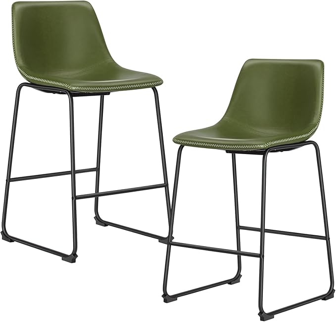 DUMOS 26 Inch Counter Height Bar Stools Set of 2, Modern Faux Leather High Barstools with Back and Metal Leg, Bar Chairs for Kitchen Island, Green