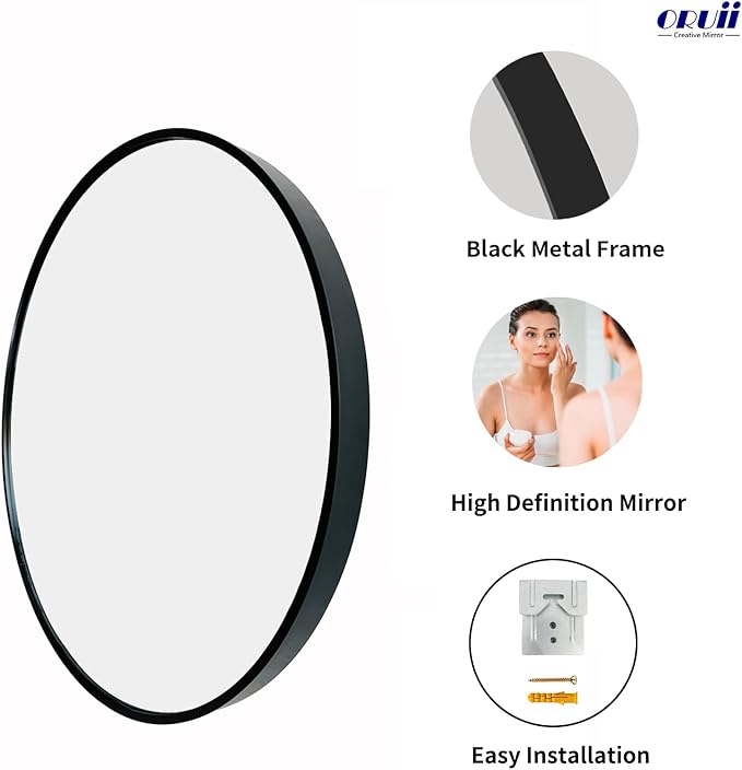 Oruii Round Mirror, Black Round Mirror 26 inch, Circle Wall Mounted Mirrors for Bathroom, Living Room, Bedroom, Vanity, Entryway, Hallway, Rustic