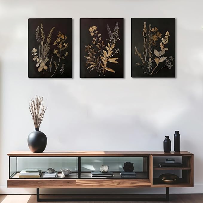 Black Botanical Canvas Wall Art Set of 3 Vintage Floral Art Moody Flower Wall Decor Dark Academia Poster Painting Prints Pictures for Bedroom Living Room 16x24 Inch Framed