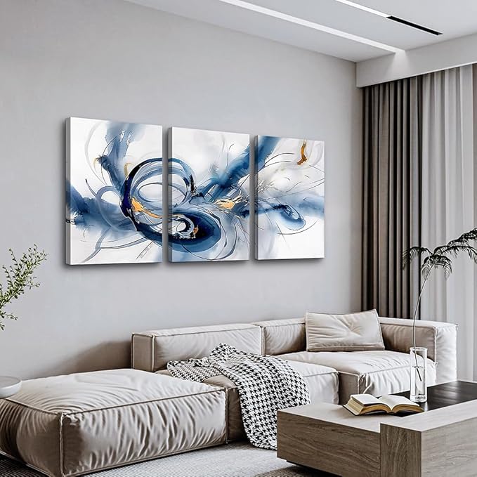 TTHYUEWS Abstract Minimalist Art - Large Canvas Wall Art for Living Room, Bedroom & Office - Blue Ink Paintings - 3 Pieces