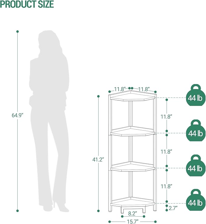 Hzuaneri Corner Shelf Stand, Corner Bookshelf, Storage Standing Shelf Unit with Metal Frame, Plant Stand, Bookcase for Living Room, Home Office, Bedroom, 4-Tier Greige CS05805B