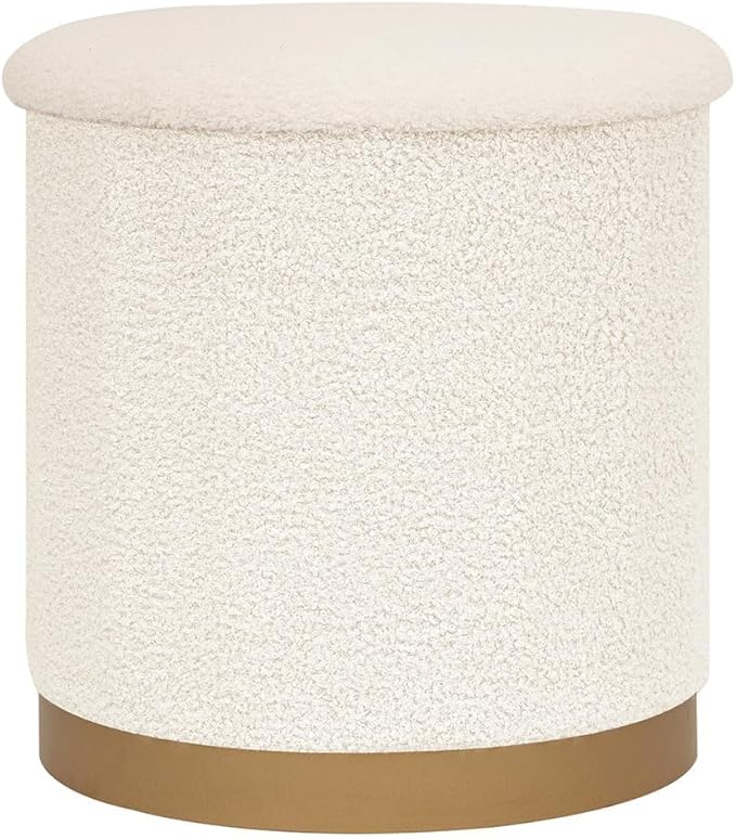 B FSOBEIIALEO Ottoman with Stroage, Round Boucle Storage Ottoman with Gold Plating Base,Foot Rest Stool for Dorm Room, Living Room White, 14.76"x14.76"x16.34"