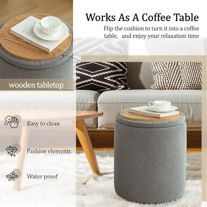 YSICK Round Ottoman with Storage, Set of 2, Small Vanity Stool as Vanity Chair, Corduroy Ottoman Foot Rest for Small Space, Living Room, Bedroom, Grey