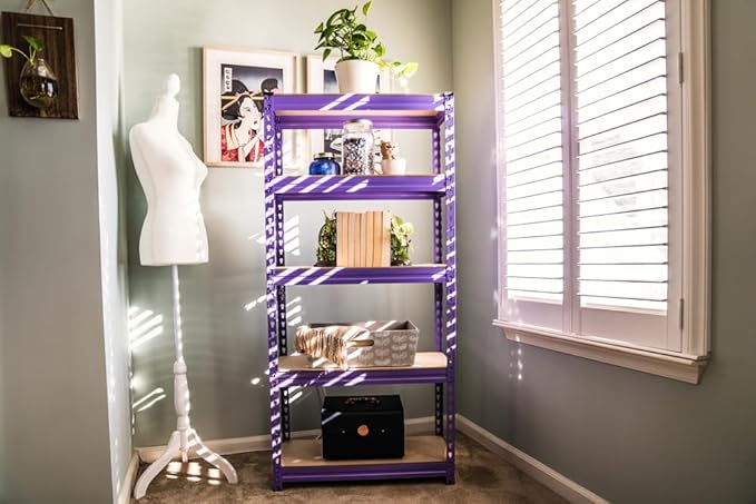 5 Tier Adjustable Steel Powder Coated Rack Storage Shelving with Engineered Wood Shelves. for Indoor Storage in garages, basements, Kitchens, etc. Two Sizes. (Purple, 11.8" D x 27.5" W x 59.5" H)