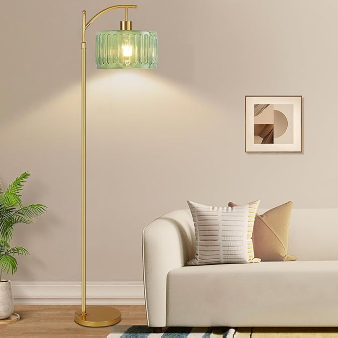 QIYIZM Glass Floor Lamp for Living Room,Bedroom,Gold Dimmable Standing Lamp with Remote,Mid Century Modern Brass Tall Lamp Boho Vintage Retro Floor Lamps Arc Green Flower Floor Light Lamp Bohemian
