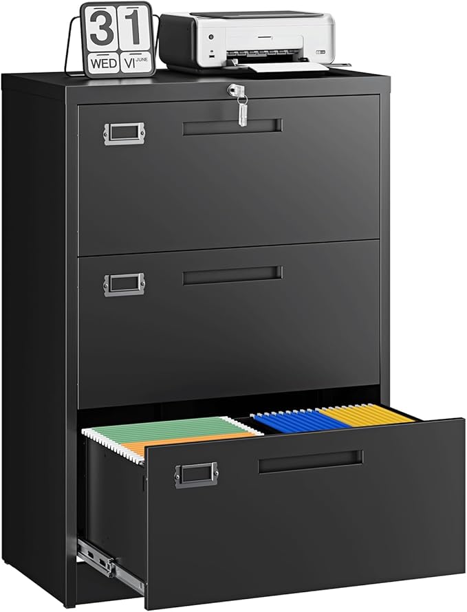 Letaya 3 Drawer File Cabinets with Lock,Metal Lateral Filing Storage Cabinet Printer Stand,Black Steel Home Office Cabinet for Hanging Files Letter/Legal/A4 Size (Black, H39.84×W28.35×D15.74)