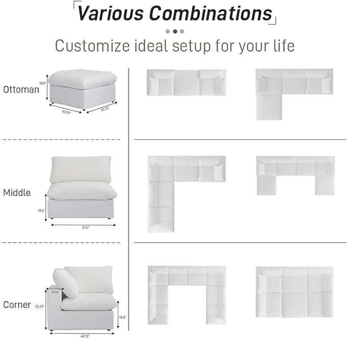 Cloud Modular Sectional Sofa Couch,U Shaped Couch 5 Seater for Living Room,120" Convertible Couches with Storage Ottoman, Covers Washable&Replaceable,White