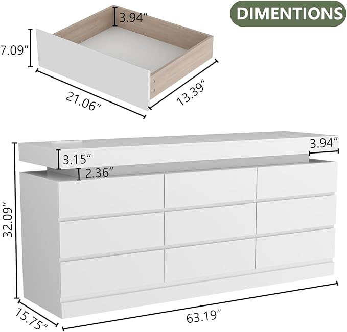 Gyfimoie 9 Drawer Dresser with Power Outlet, Dresser with LED Light, Modern Chest of Drawers for Closet, Double Wide Drawer Organizer Cabinet for Bedroom, Living Room (White, 9 Drawers)
