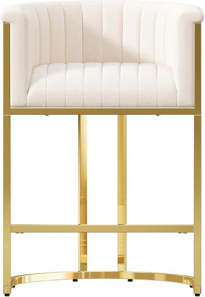 Modern Counter Height Bar Stools,Bar Stools Set of 1,Fabric Upholstered Barrel Barstools with Backs and Arms,26'' Kitchen Island Chairs,Mirror Champagne Gold Base/Beige White Linen