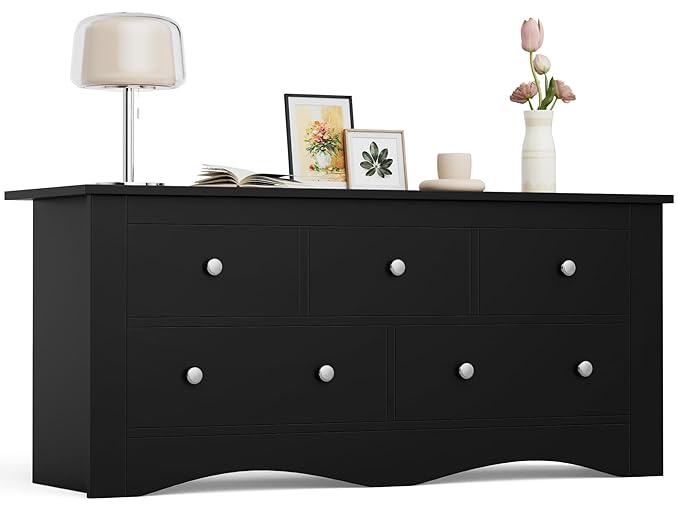 Furmax Dresser for Bedroom, 5 Wood Dresser, Chest of Drawers, for TV up to 65 inch, TV Stand Storage Chest of Drawers for Hallway Entryway (Black)