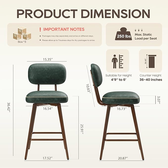 MALOL 26“ Swivel Bar Stools Set of 6, Mid Century PU Leather Counter Height Bar Chairs with Low Back and Metal Legs, Modern Bar Stool Chair for Kitchen Island, Green