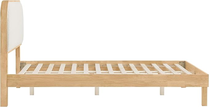 KISLOT Wood Bed Frame with Upholstered Headboard, Mid-Century Boucle Fabric Platform Modern Bed Mattress Foundation Noise-Free No Box Spring Needed Easy Assembly