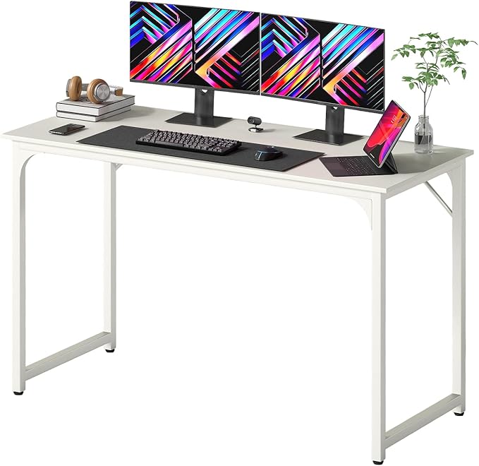 PayLessHere | 47 Inch Computer Desk | White | Office Desk with Metal Frame, Adjustable Feet | Water-Resistant, Scratchproof Surface | Sturdy Writing Table for Home Office or Study | Pack of 1
