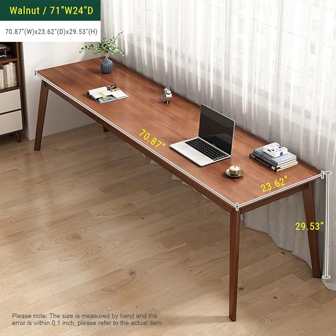 NELYE Mid-Century Long Desk Table - 71" Simple Modern Extra Long 2-Person Wood Computer Workstation for Home Office Work in Walnut, 71" W x 24" D