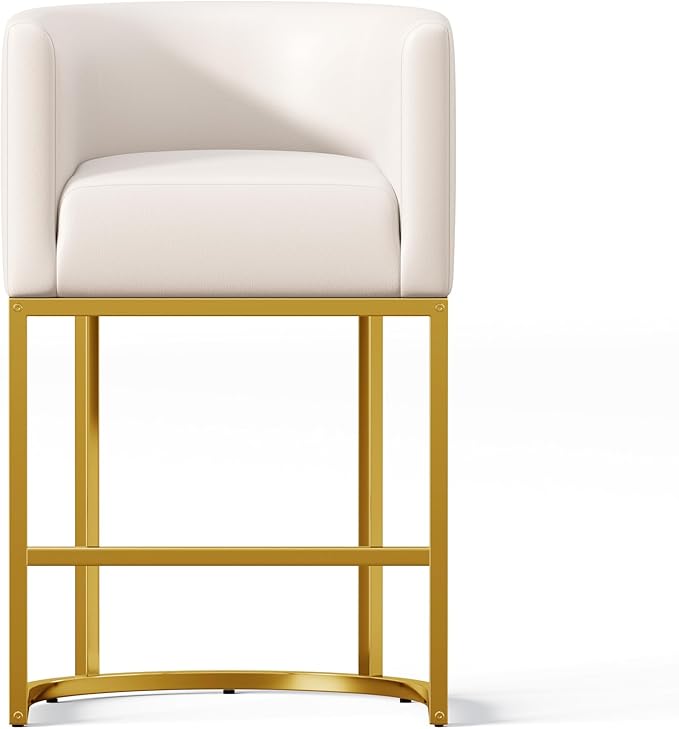 26" Modern Counter Height Bar Stools,PU Leather Upholstered Barrel Barstools with Backs,Island Chairs Bar Stools Set of 1,Beige White Leather