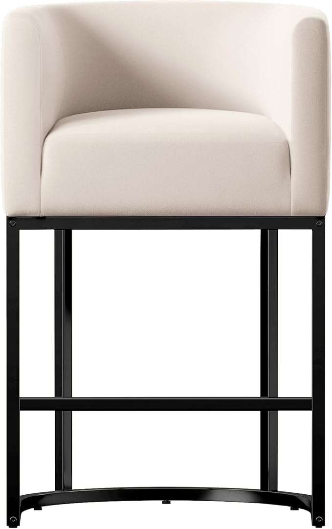 26" Modern Counter Height Bar Stools,Velvet Fabric Upholstered Barrel Barstools with Backs,Island Chairs bar stools Set of 1,Metal Black Frames,Beige White Velvet