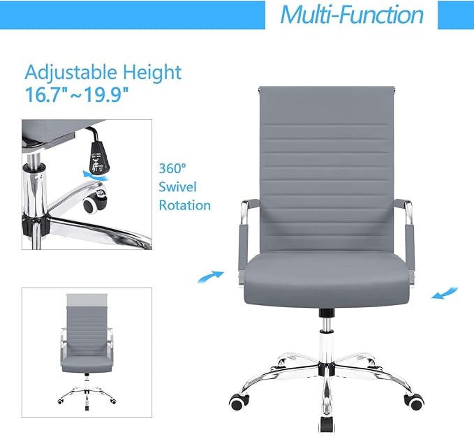 Furmax Ergonomic Office Desk Chair, Executive Ribbed Mid-Back PU Leather Conference Room Chair Adjustable Swivel Chair with Arms (4, Grey)