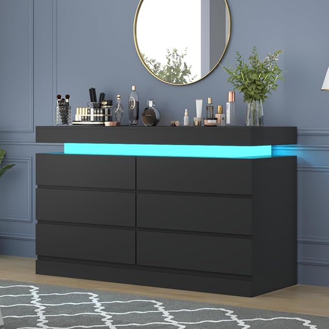 Gyfimoie 6 Drawer Dresser with Power Outlet, Dresser with LED Light, Modern Chest of Drawers for Closet, Double Wide Drawer Organizer Cabinet for Bedroom, Living Room (Black, 6 Drawers)