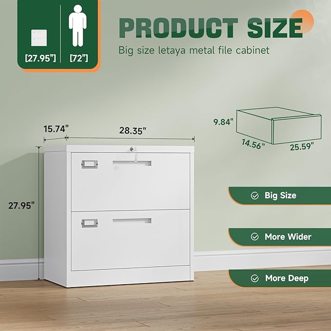 Letaya 2 Drawer File Cabinets with Lock,Metal Lateral Filing Storage Cabinet Printer Stand,White Steel Home Office Cabinet for Hanging Files Letter/Legal/A4 Size (White, H27.95×W28.35×D15.74)