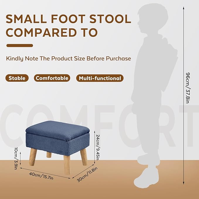 Storage Ottoman, Small Foot Stool Ottoman with Storage, Teddy Velvet Foot Rest with Wood Legs, Footstool for Living Room, Bedroom, Entryway, Blue