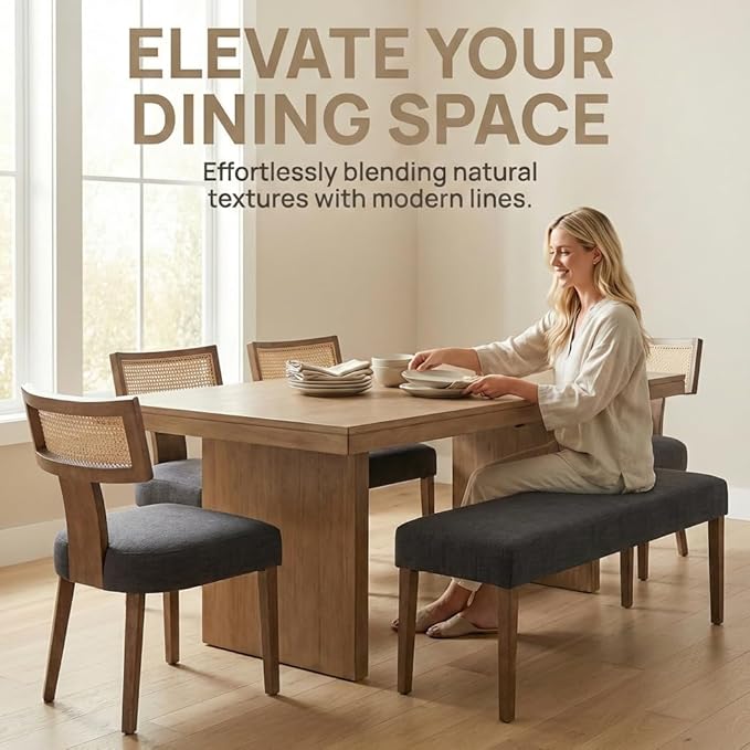 HNY Mid Century Modern Rattan Dining Chairs Set of 6, Farmhouse Linen Upholstered Accent Chair Curved Backrest Kitchen Chairs, with Hardwood Frame, Charcoal