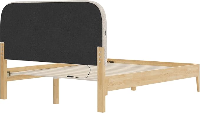 KISLOT Wood Bed Frame with USB & Type-C Charging, Boucle Platform Bed with Upholstered Headboard Mattress Foundation No Box Spring Needed Easy Assembly