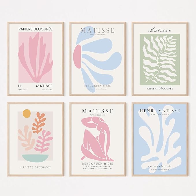 Henri Matisse Wall Art Prints Pink Blue Canvas Wall Decor Aesthetic Abstract Pictures Wall Art Danish Pastel Painting Henri Matisse Poster Trendy Plant Artwork for Bedroom 12x16 Inch Unframed Set of 6