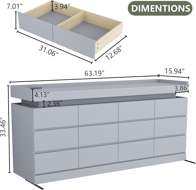 Gyfimoie 12 Drawer Dresser with Power Outlet, Dresser with LED Light, Modern Chest of Drawers for Closet, Double Wide Drawer Organizer Cabinet for Bedroom, Living Room (Grey, 12 Drawers)