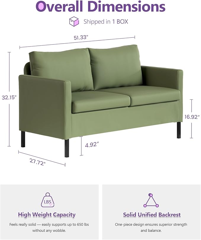 TYBOATLE Faux Leather Modern Small Couches for Small Spaces, Comfy Upholstered Love Seat for Bedroom, 2 Seater Mini Couch for Apartment, Dorm, Office, Green