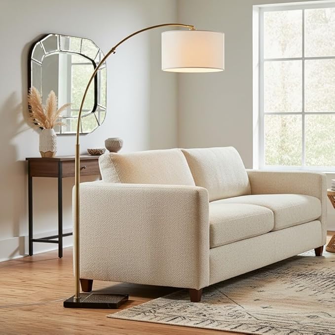 Brightech Logan Arc Floor Lamp, Bright Standing Lamp for Living Rooms, Offices & Bedrooms, Modern Living Room Décor, Tall Hanging Floor Lamp for Reading and More – Gold/Brass