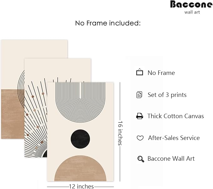Baccone Mid Century Modern Wall Art Set of 3 Neutral Boho Art Prints Abstract Geometric Wall Art Picture Black Beige Minimalist Painting Canvas Artwork for Living Room Bedroom 12x16 Inch UNFRAMED