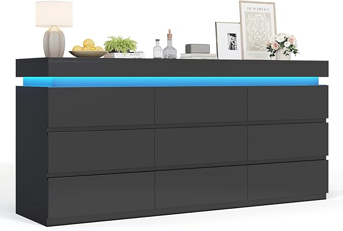 HAUOMS 9 Drawer Dresser with LED Light, Black Modern Chest of Drawers for Bedroom,Long Dresser with Drawers for Living Room, Entryway, Hallway