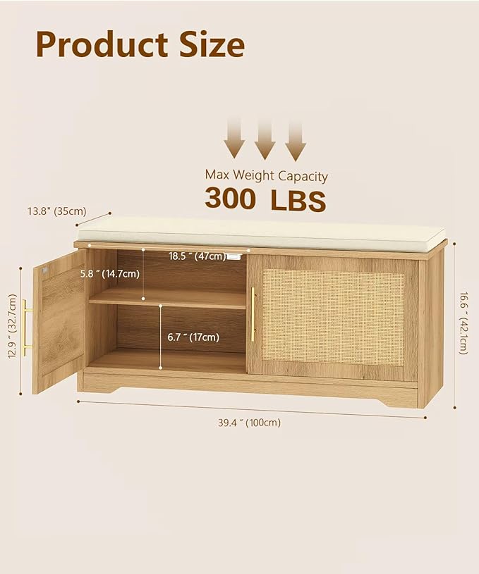 Rattan Shoe Storage Bench with Cushion, 39.4" Wide Entryway Bench with Adjustable Shelf, Hidden Shoe Organizer Cabinet, for Hallway, Living Room, Bedroom, Natural Oak