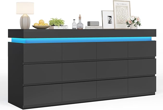 HAUOMS 12 Drawer Dresser with LED Light, Black Modern Chest of Drawers for Bedroom,Long Dresser with Drawers for Living Room, Entryway, Hallway