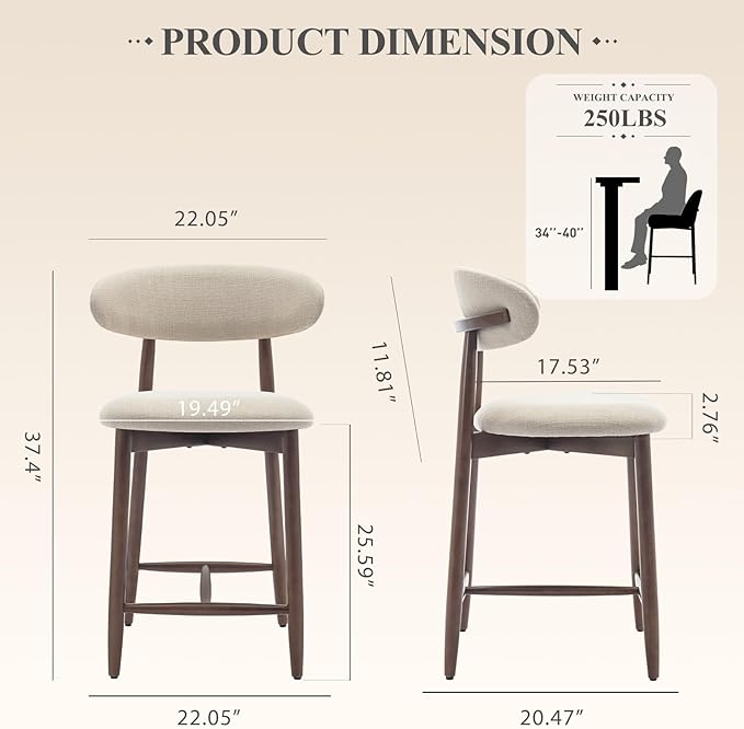 COLAMY Upholstered Counter Height Bar Stools, Kitchen Island Stools with Back, Modern Counter Stools Island Bar Chairs with Wood Legs for Kitchen Island Dining Room Bar, Beige